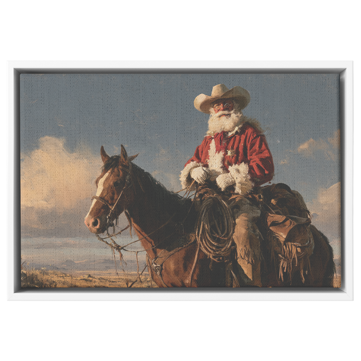 Western Santa sunset ride canvas shown in the white frame option