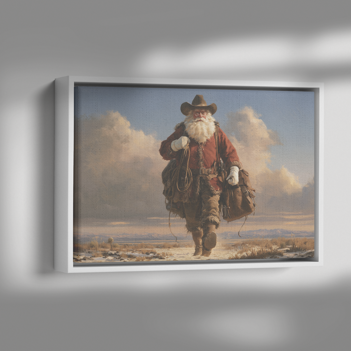 Cowboy Santa walking home framed canvas shown with dramatic side lighting