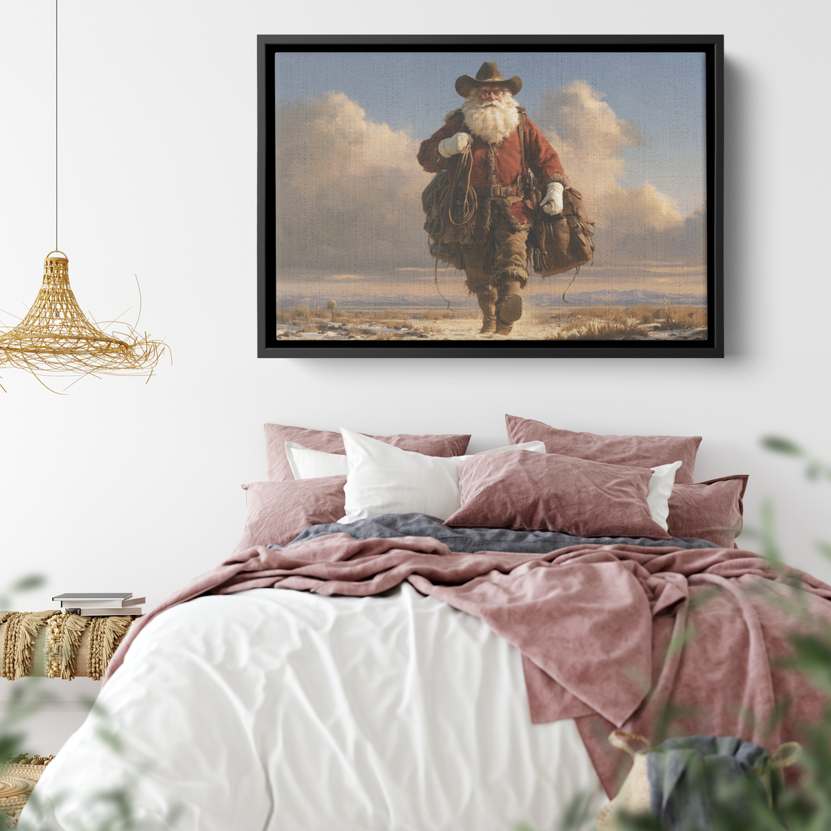 Western Santa big sky canvas hung above furniture