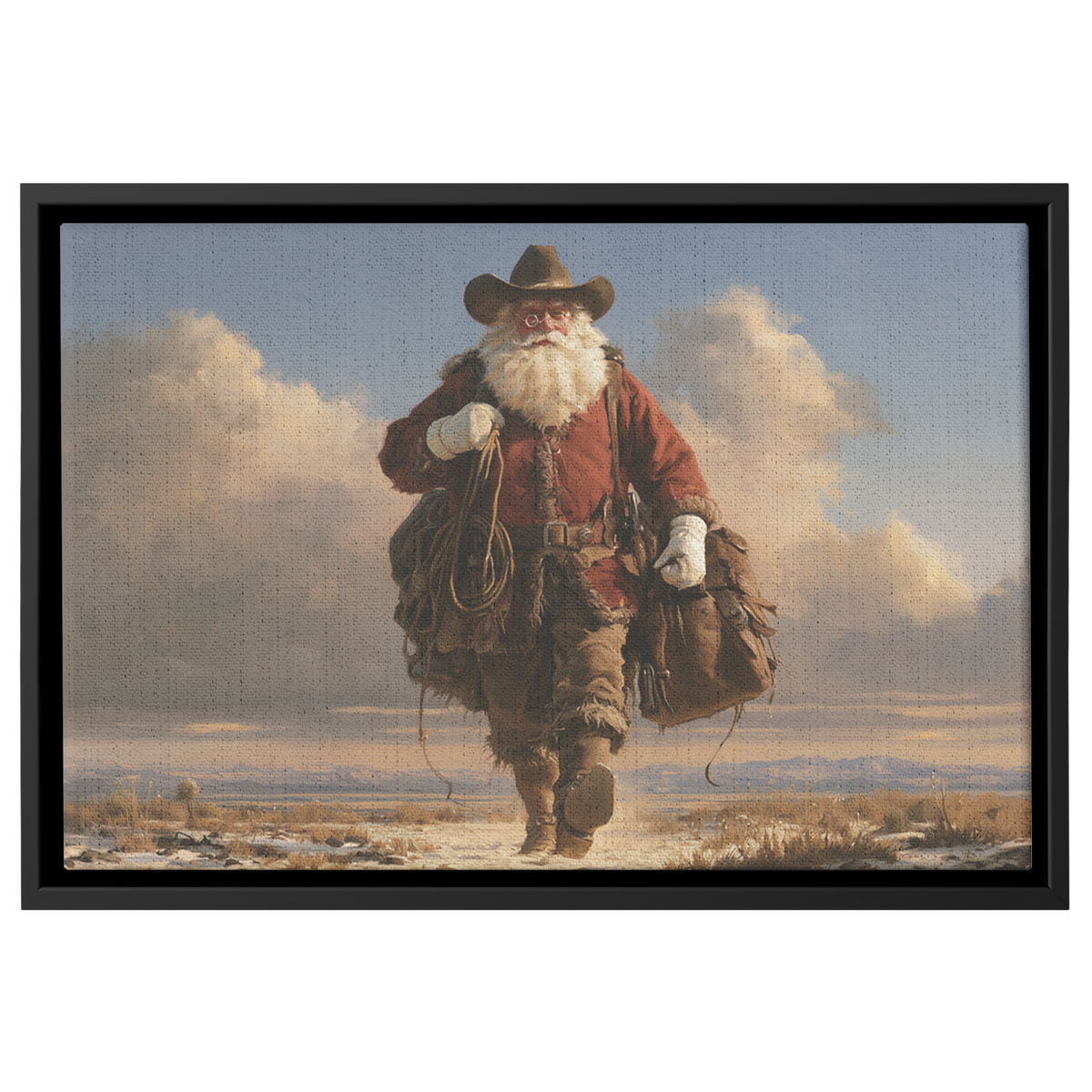 Cowboy Santa art canvas of Santa walking across open country under a big cloud filled sky