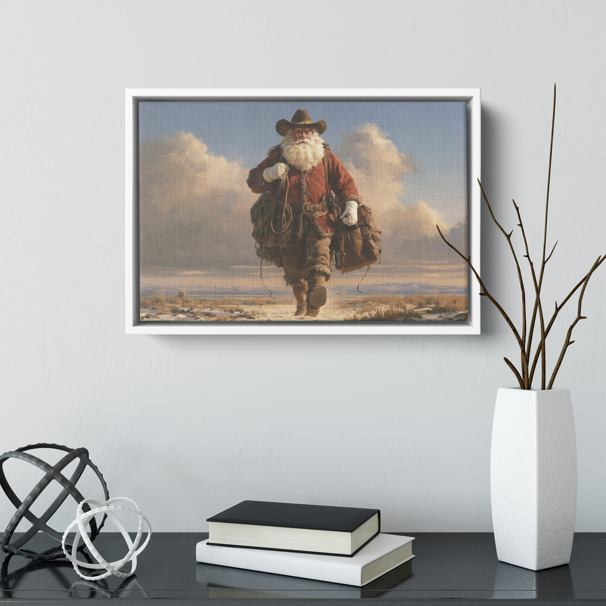 Western Santa big sky canvas shown at a smaller size on a wall