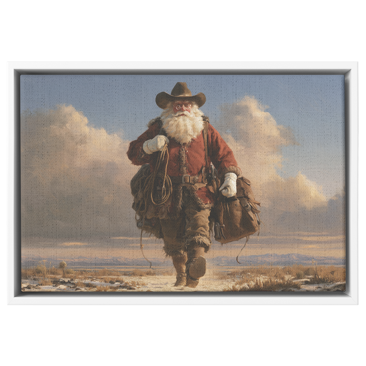 Cowboy Santa walking home canvas shown in the white frame option