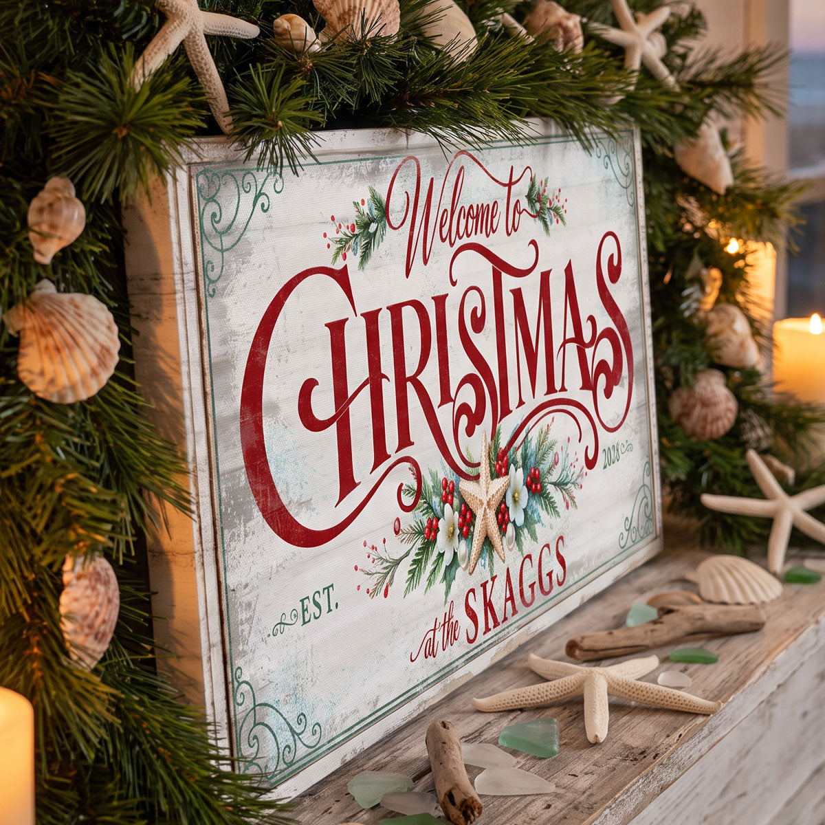Family name Christmas welcome sign framed by pine garland with scallop shells and starfish by candlelight