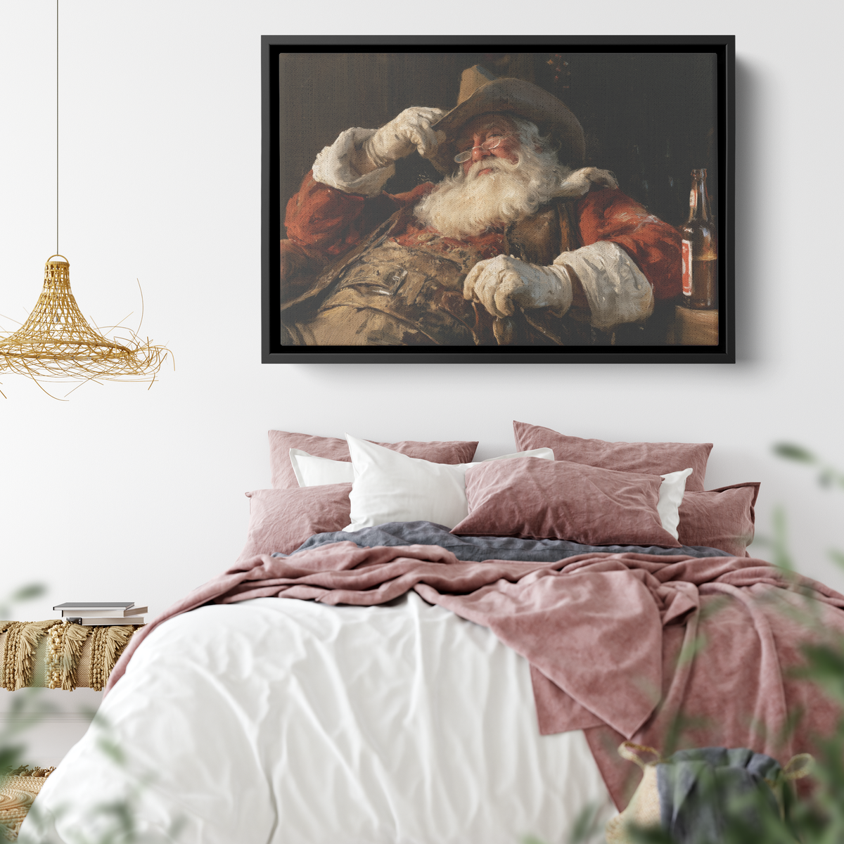 Western Santa bunkhouse canvas hung above a bar