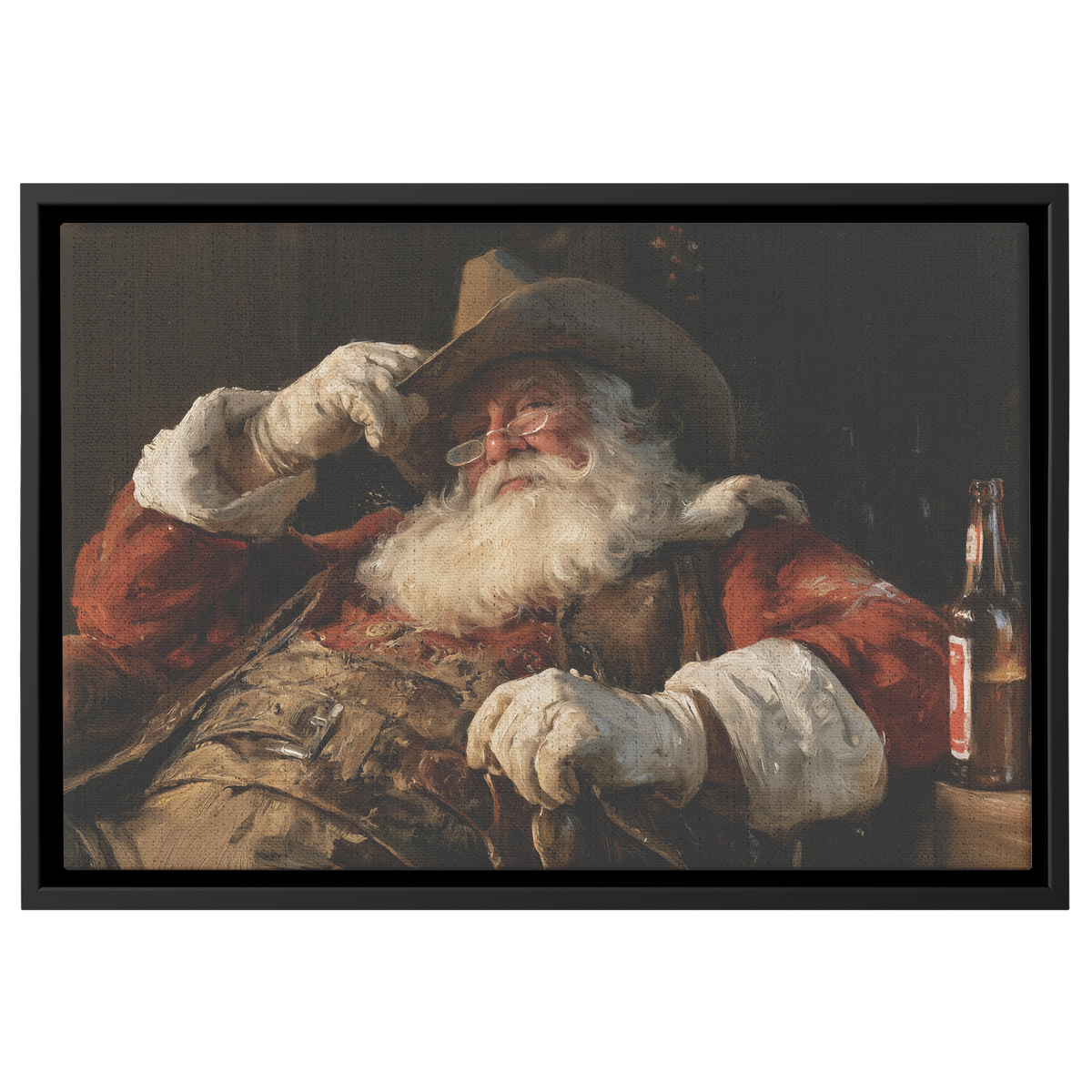 Cowboy Santa art canvas of Santa resting back against his saddle with his hat pushed back