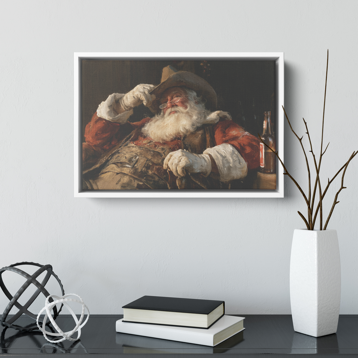Western Santa bunkhouse canvas at a smaller size in a styled room