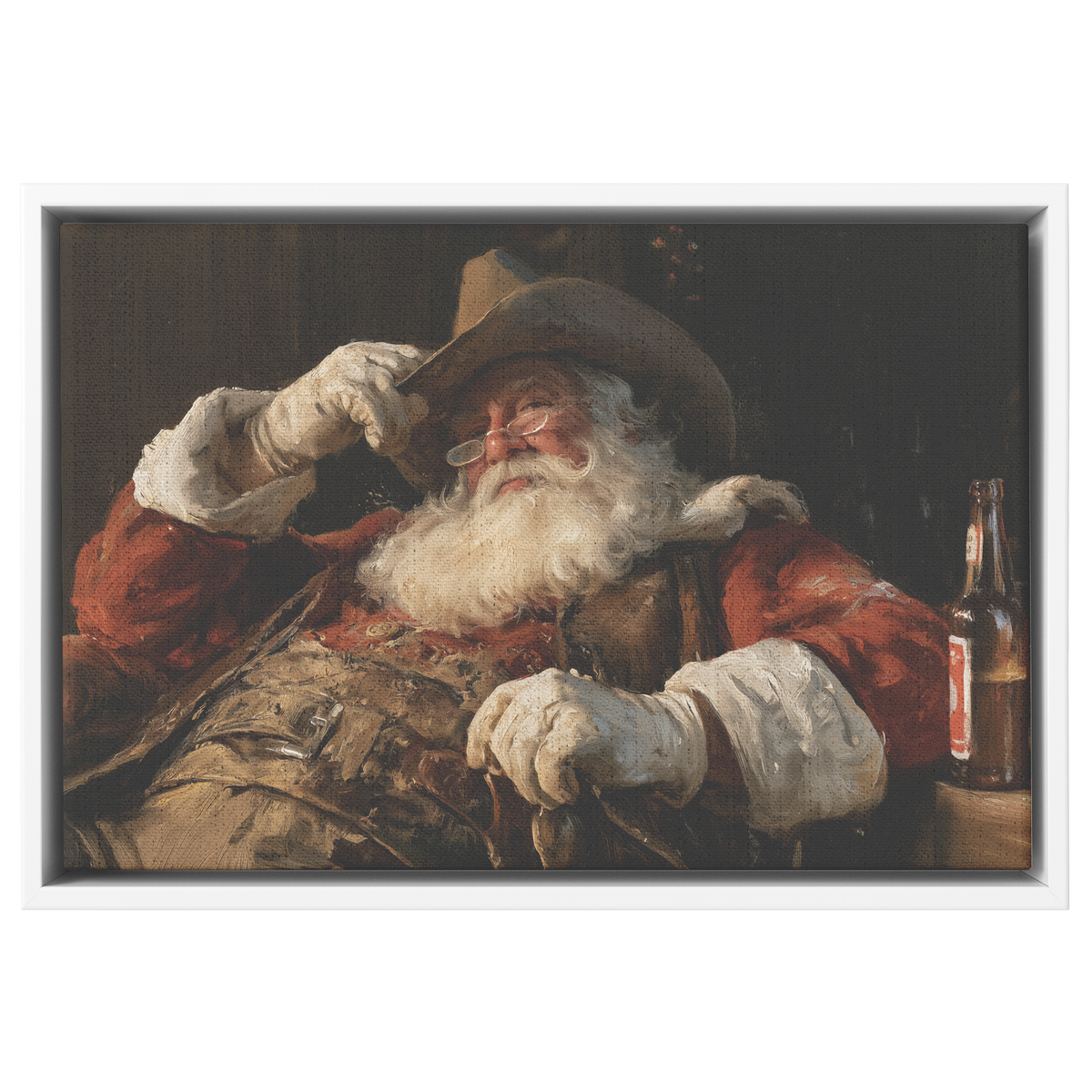 Cowboy Santa resting canvas shown in the white frame option