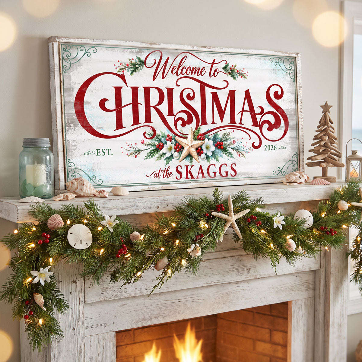 Personalized Christmas welcome sign above a lit fireplace with a starfish and sand dollar garland
