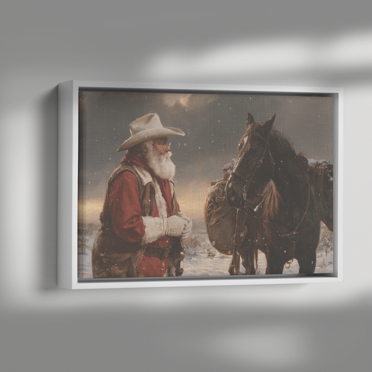 Western Santa packhorse framed canvas shown with dramatic side lighting