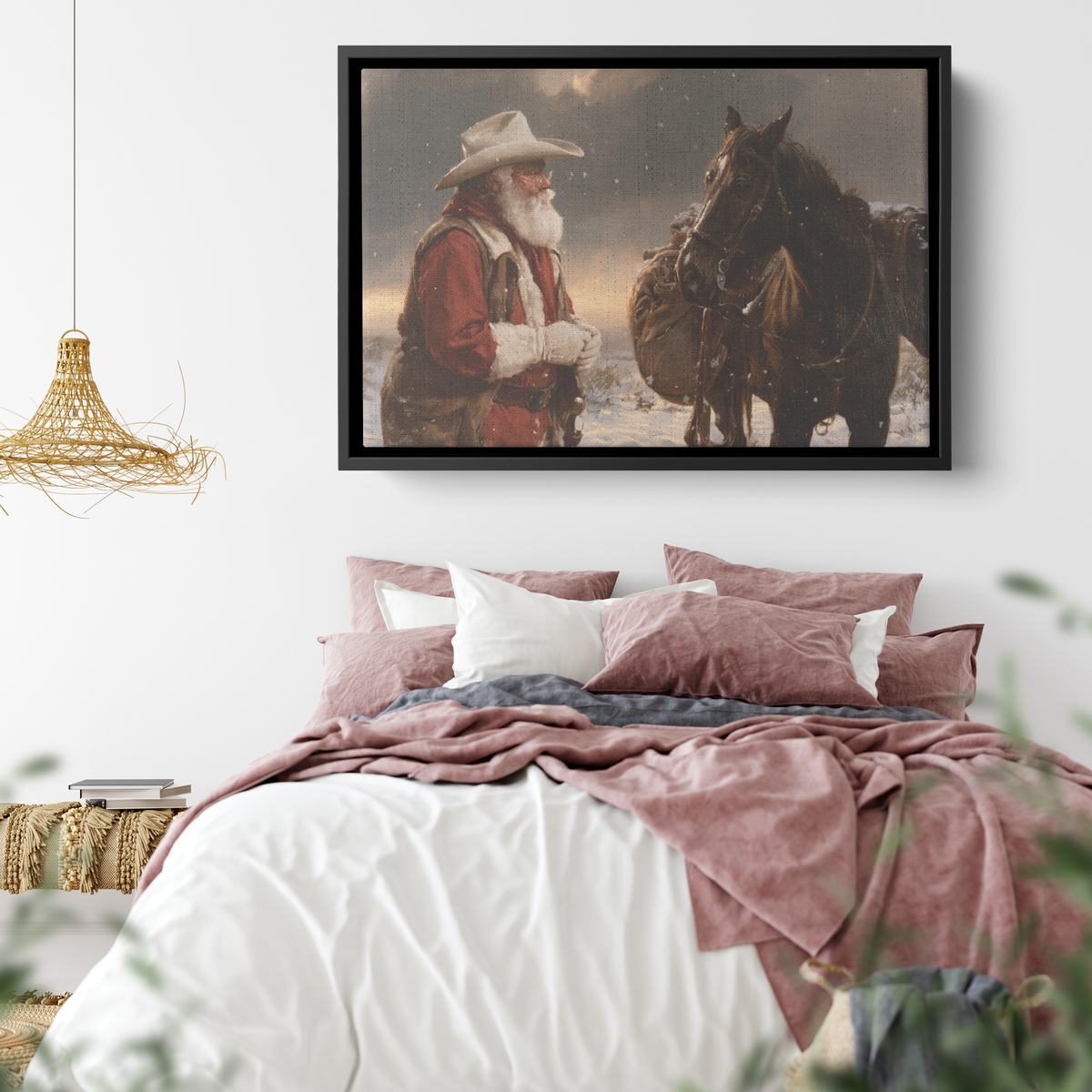 Cowboy Santa snow canvas hung above furniture