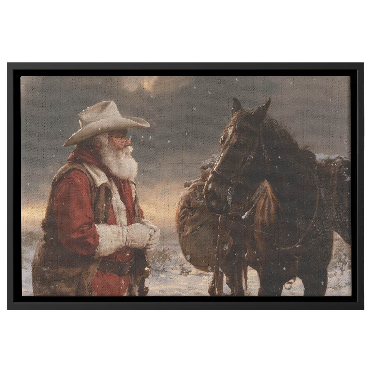Western Santa and his packhorse in the snow, framed canvas in black