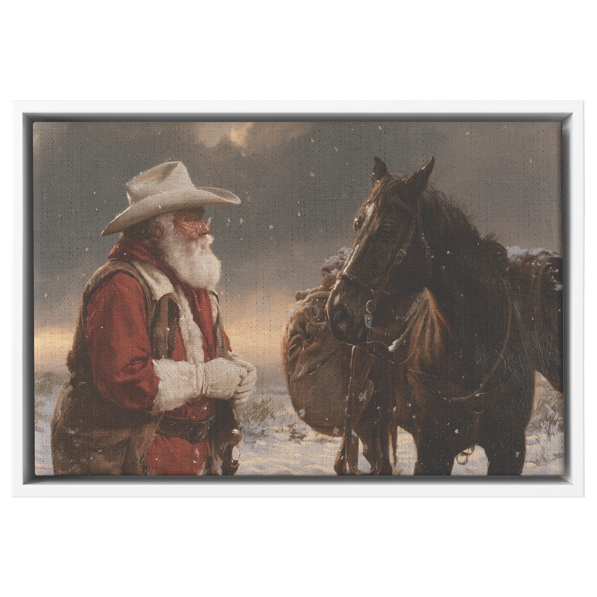 Western Santa packhorse canvas shown in the white frame option