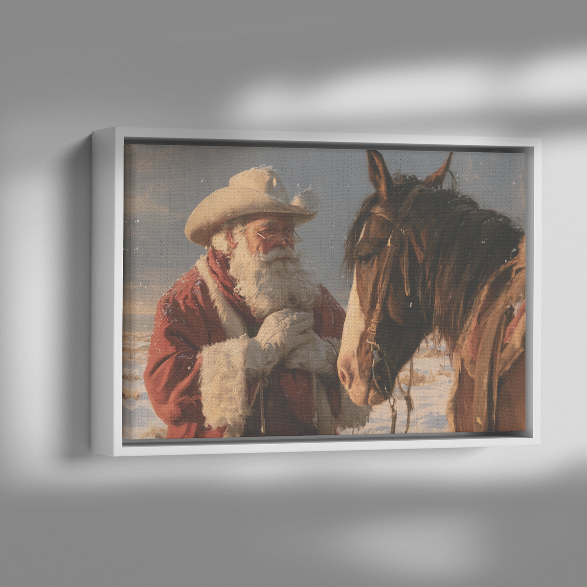 Western Santa taking a breather framed canvas shown with dramatic side lighting