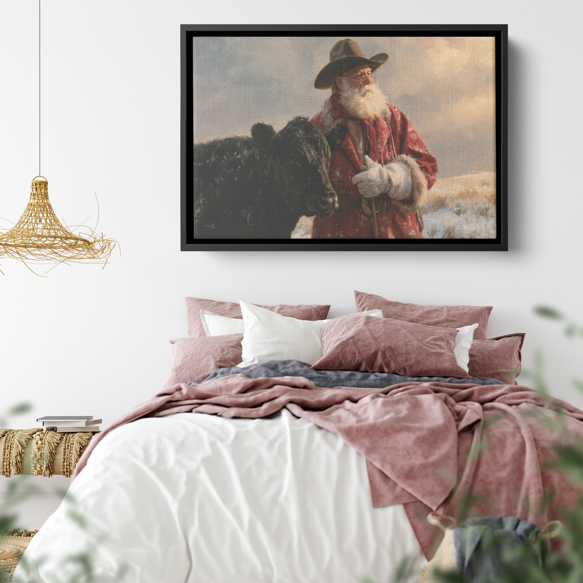 Western Christmas cattle canvas hung above furniture