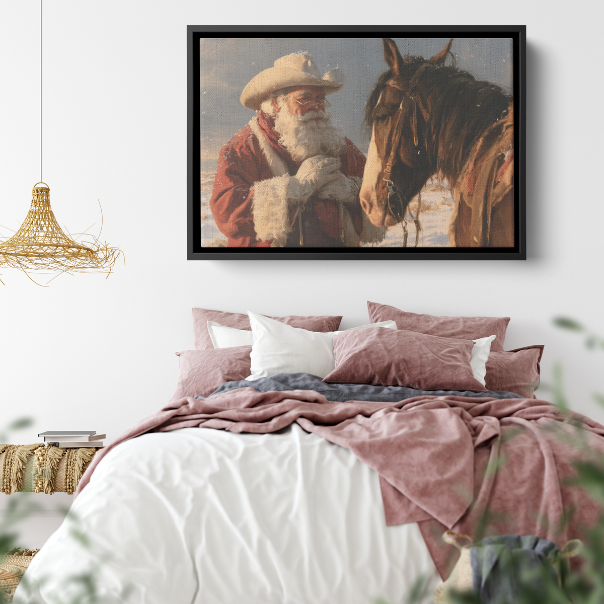 Cowboy Santa and horse canvas hung above furniture