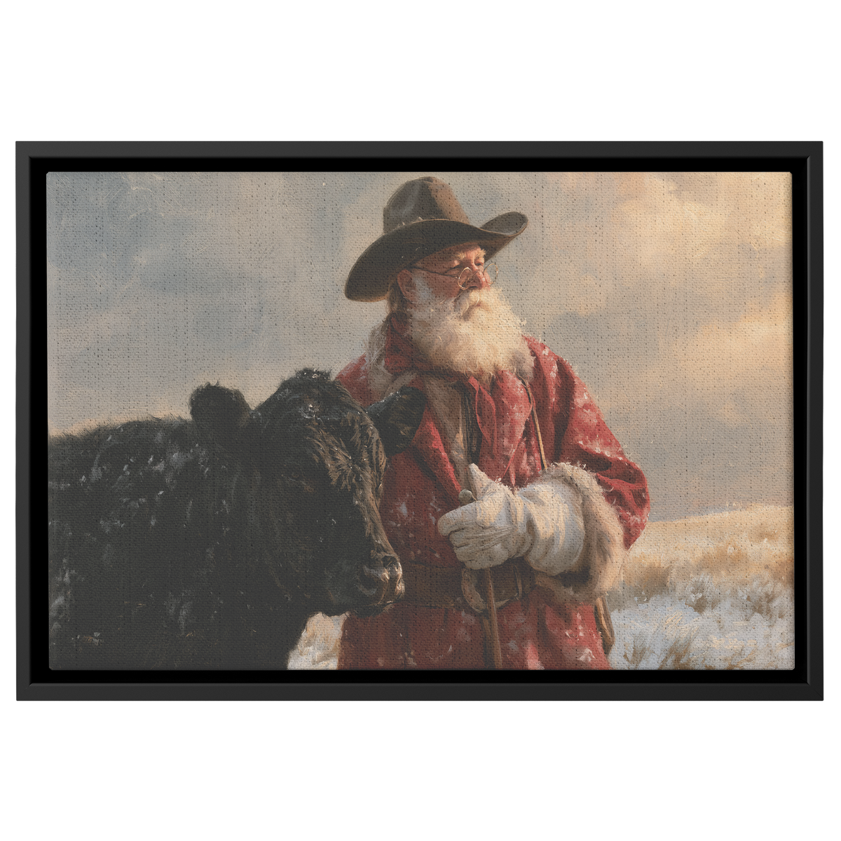 Cowboy Santa with a black Angus in the snow, framed canvas in black