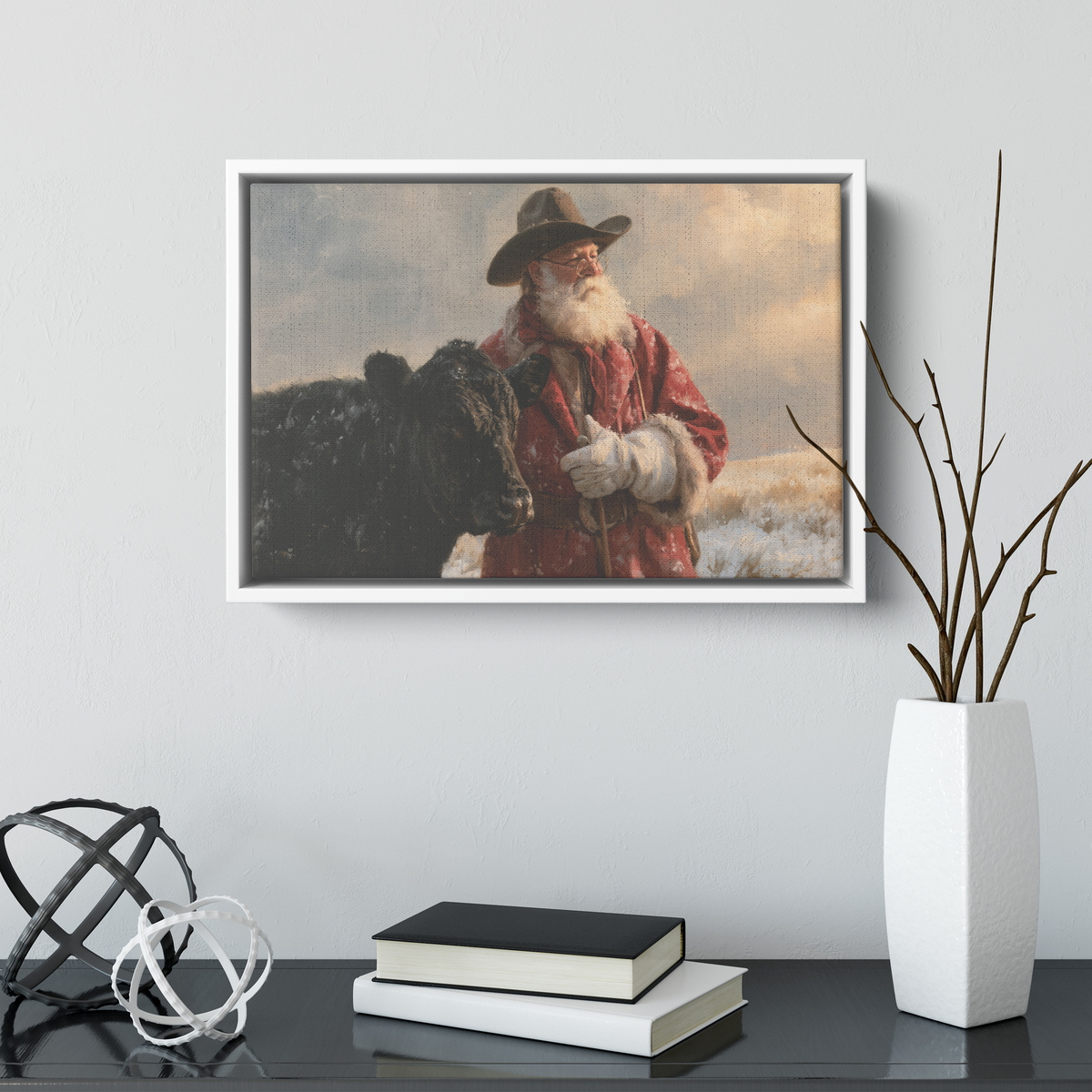Western Christmas cattle canvas at a smaller size in a styled room
