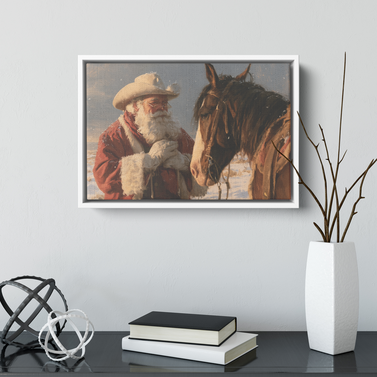 Cowboy Santa and horse canvas shown at a smaller size on a wall