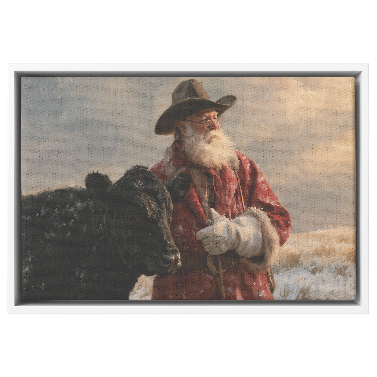 Cowboy Santa and the black Angus canvas shown in the white frame option
