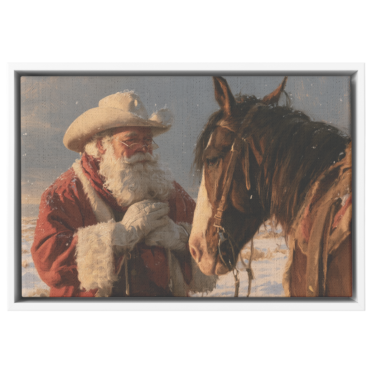 Western Santa taking a breather canvas shown in the white frame option