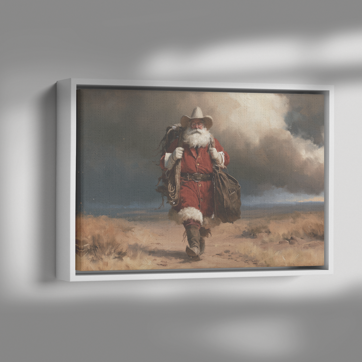 Western Santa against the storm framed canvas shown with dramatic side lighting