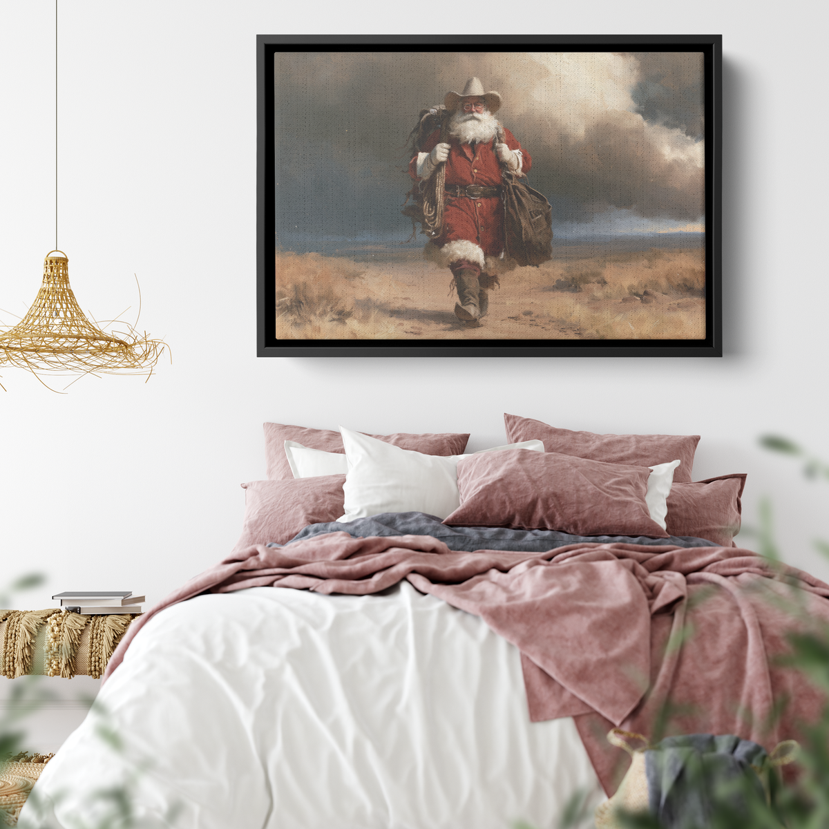 Cowboy Santa storm canvas hung at a larger size in a styled room