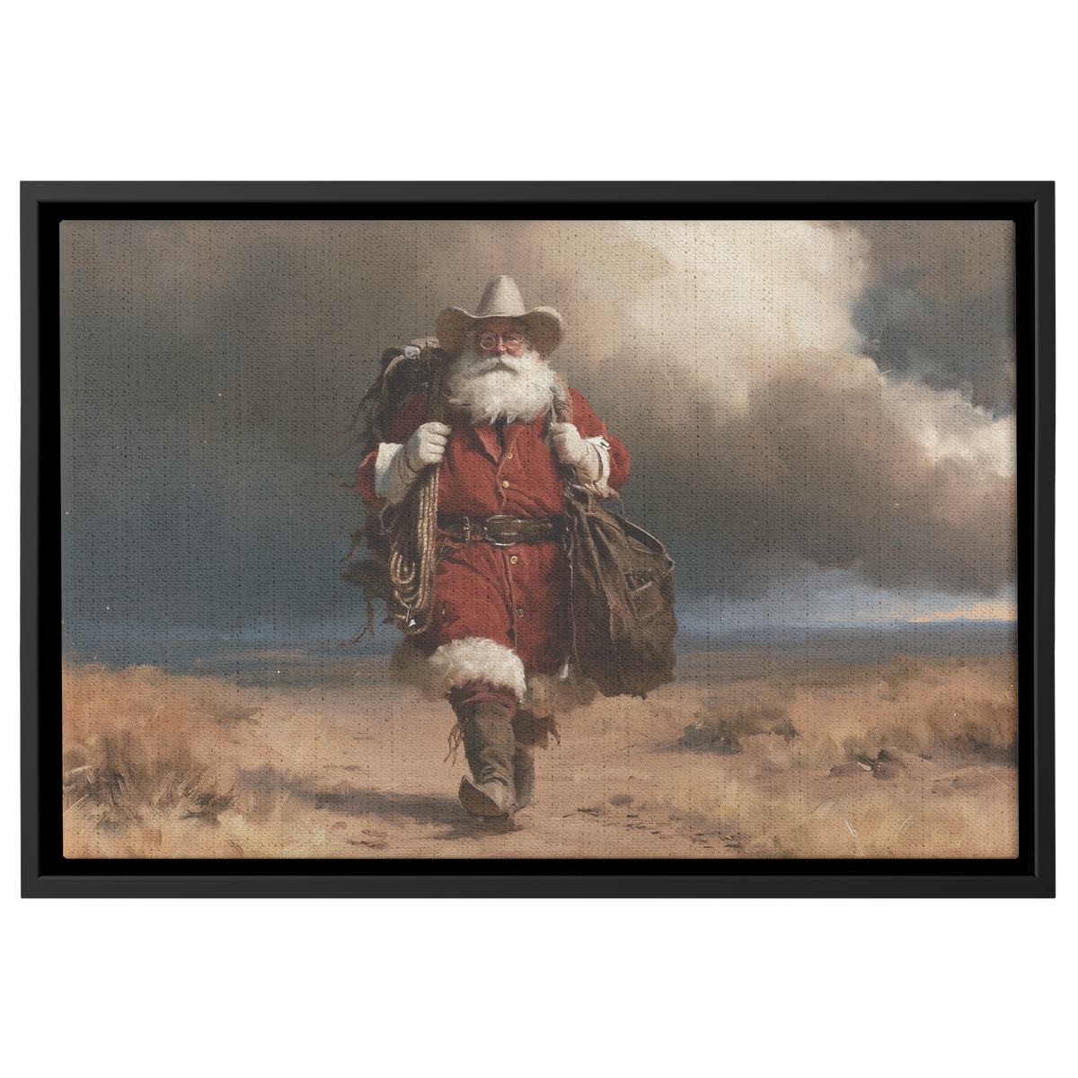 Western Santa walking ahead of a storm, framed canvas in black