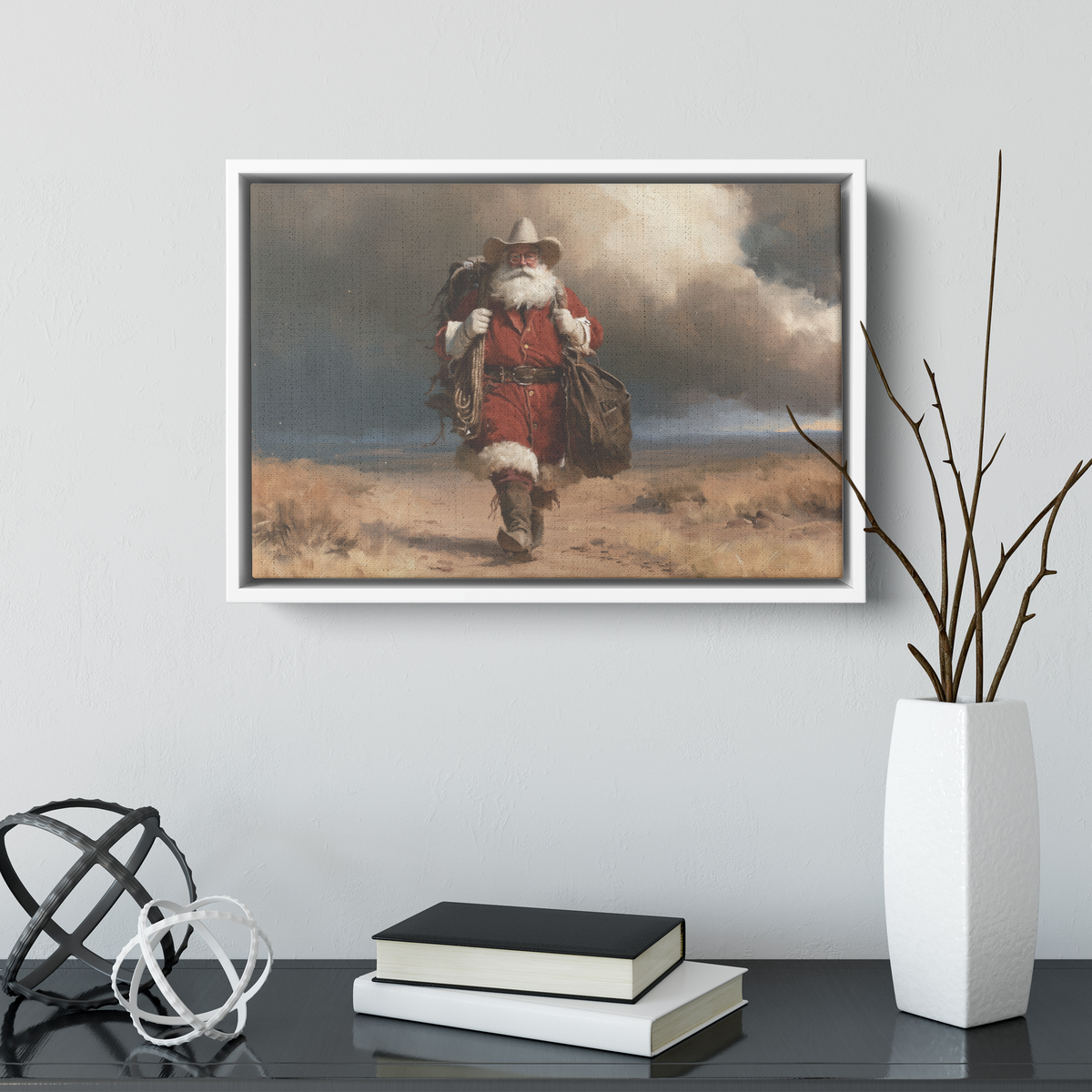 Cowboy Santa storm canvas at a smaller size in a styled room