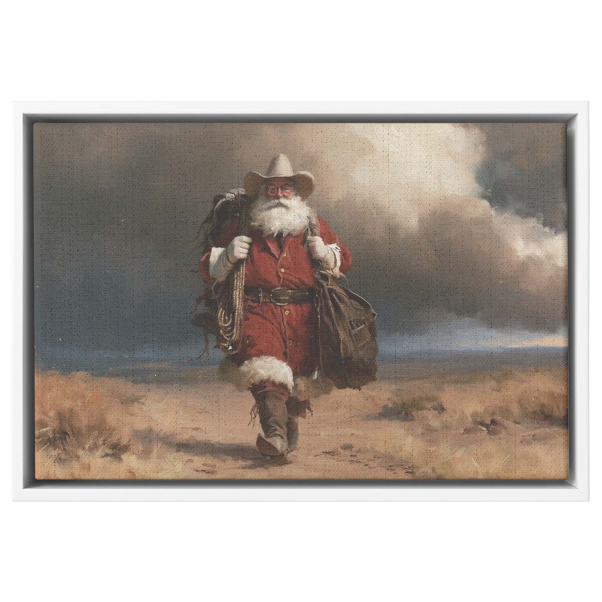 Western Santa against the storm canvas shown in the white frame option