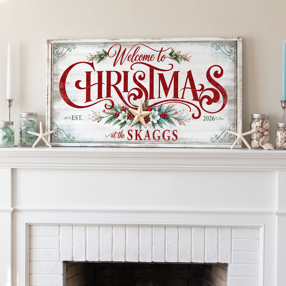 Family name Christmas sign on a white mantel over a brick fireplace with apothecary jars and white trees