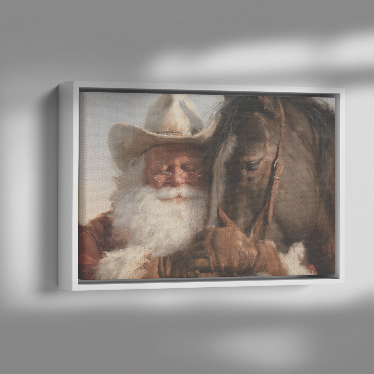 Cowboy Santa and his horse wide canvas lit from the side