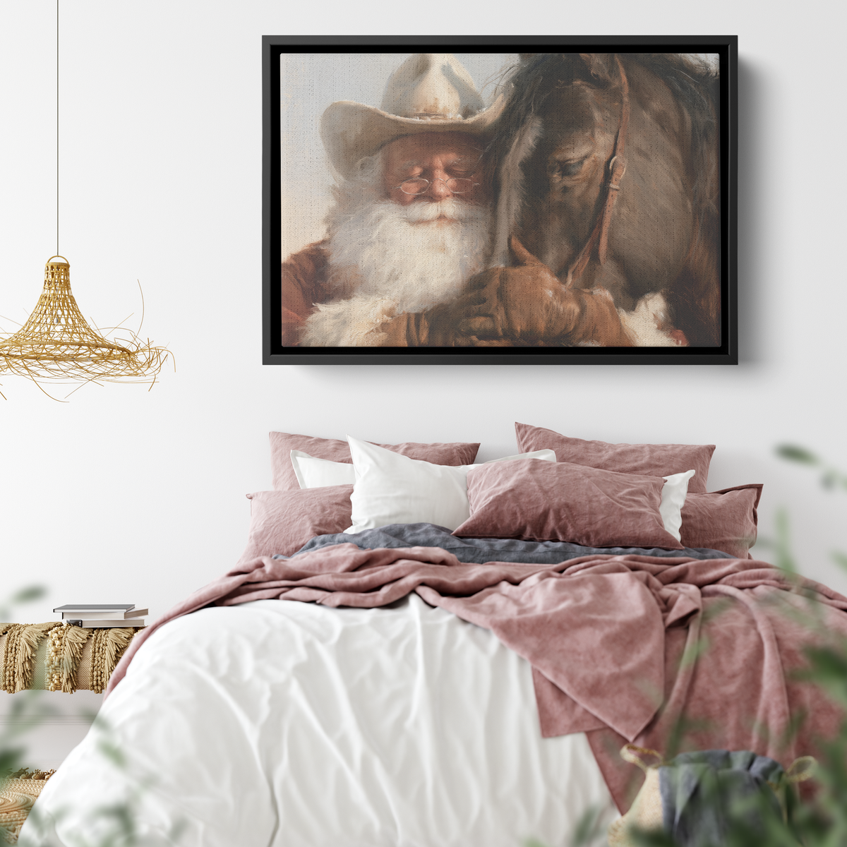 Western Santa wide canvas hung at a larger size in a styled room