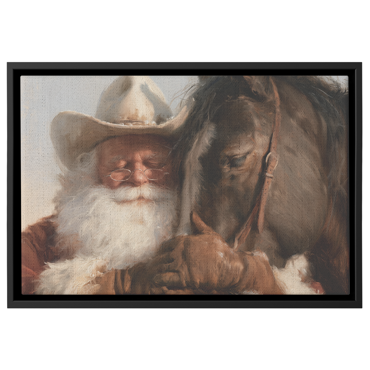 Cowboy Santa resting his hand on his horse, wide framed canvas in black