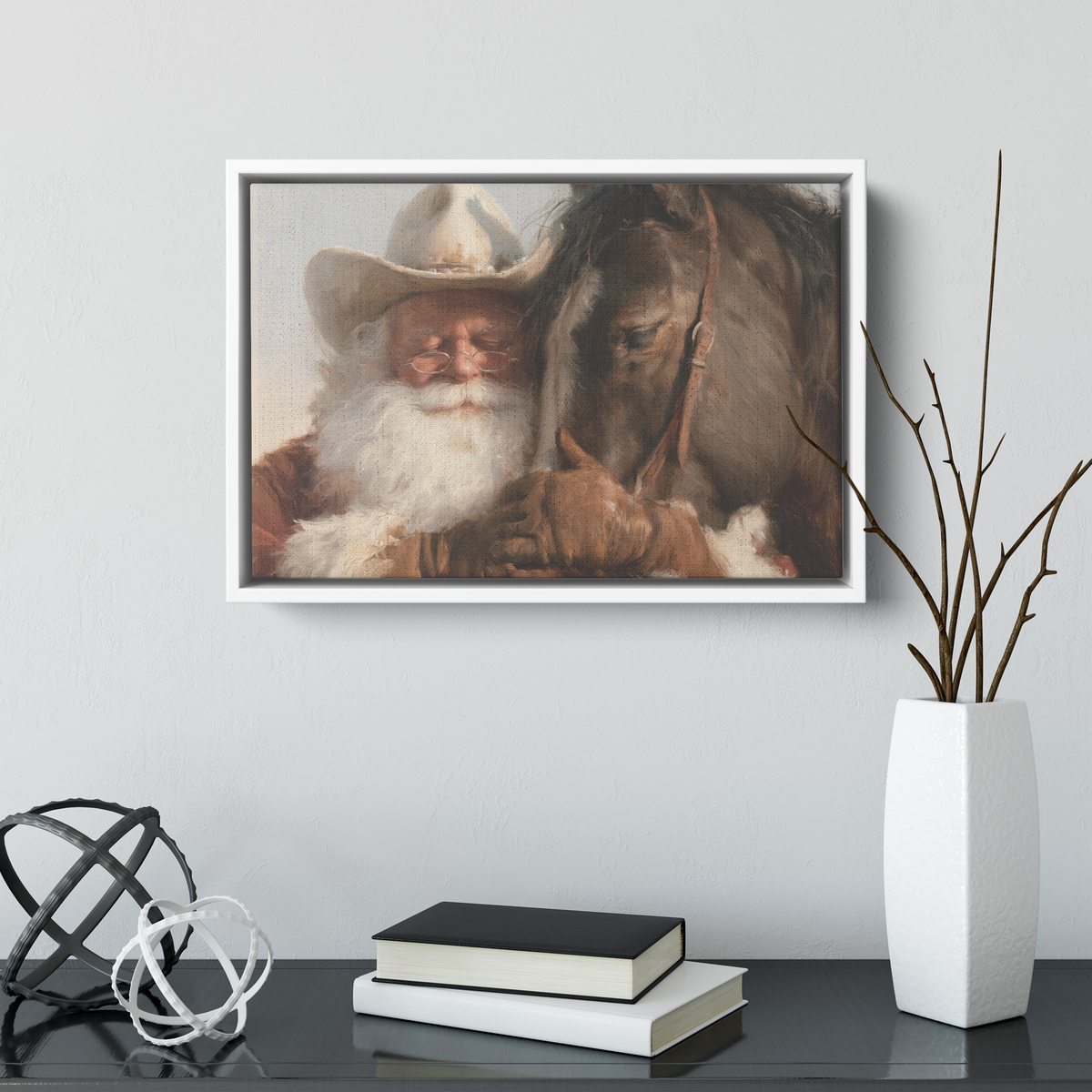 Western Santa wide canvas shown at a smaller size on a wall