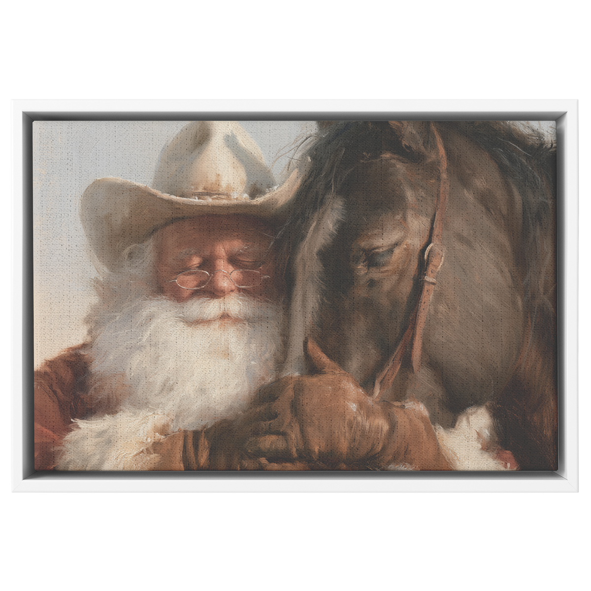 Cowboy Santa and his horse wide canvas shown in the white frame option