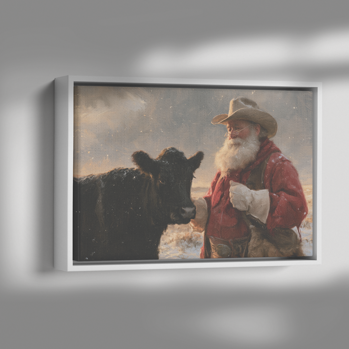Western Santa in the snow framed canvas shown with dramatic side lighting