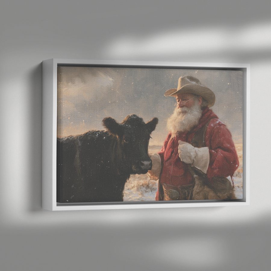 Western Santa in the Snow | Cowboy Santa and Cattle Canvas – Tailor ...