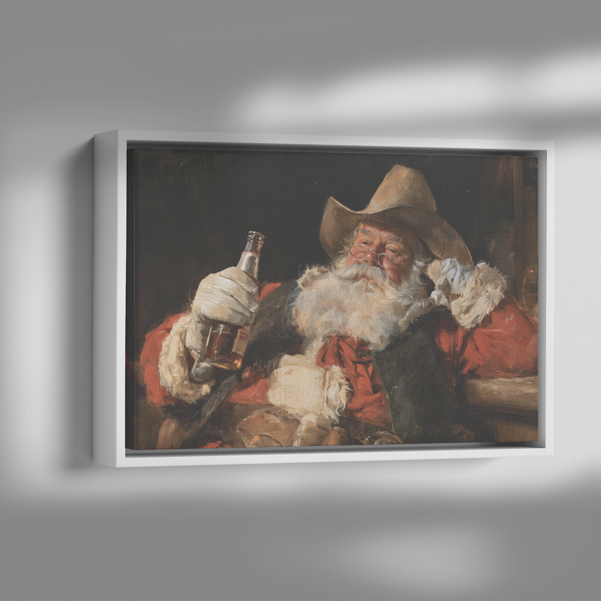 Cowboy Santa nightcap framed canvas shown with dramatic side lighting