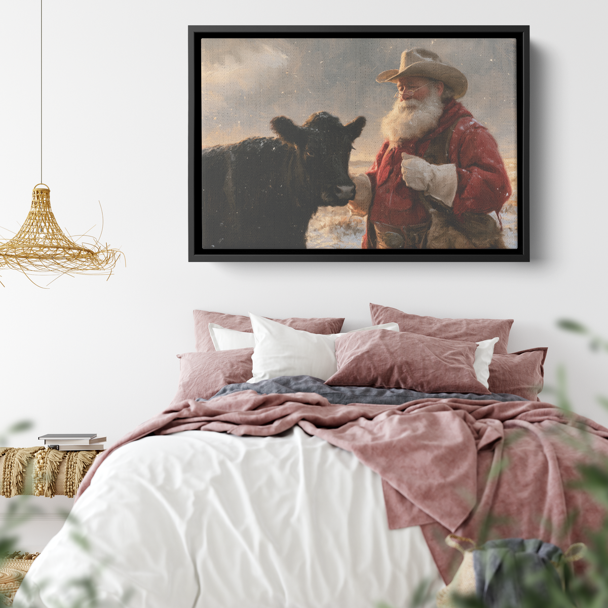 Cowboy Santa and cattle canvas hung at a larger size in a styled room