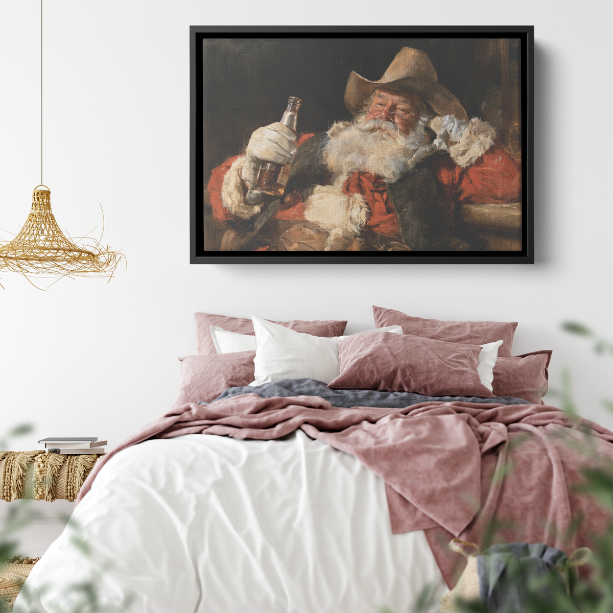 Western Santa bar canvas hung at a larger size above a home bar