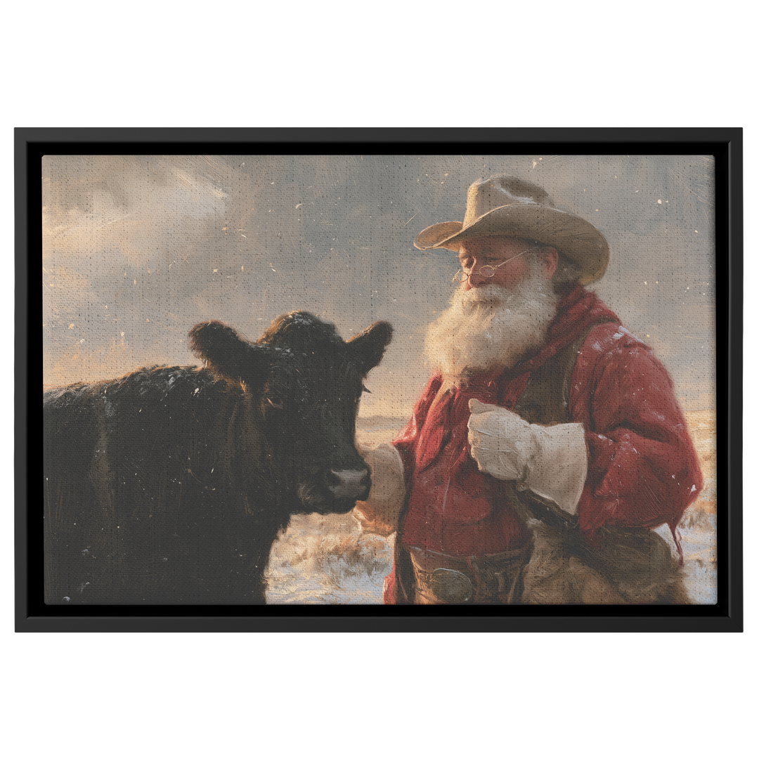 Western Santa in the Snow | Cowboy Santa and Cattle Canvas – Tailor ...