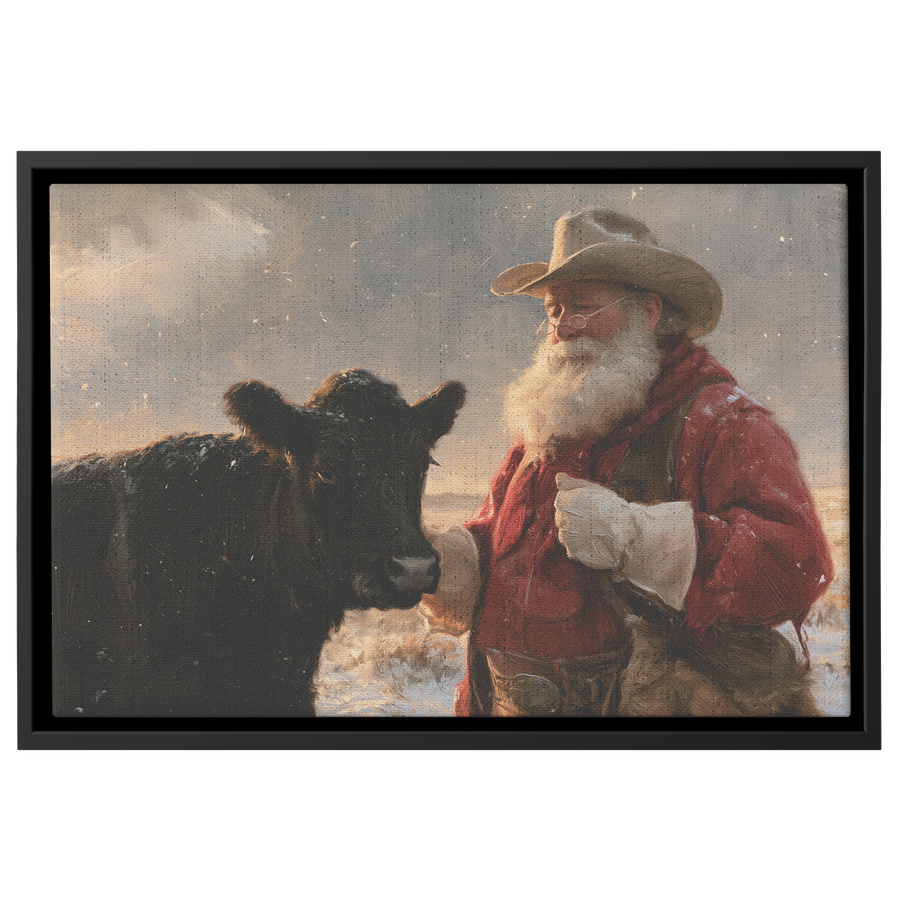 Western Santa in the Snow | Cowboy Santa and Cattle Canvas – Tailor ...