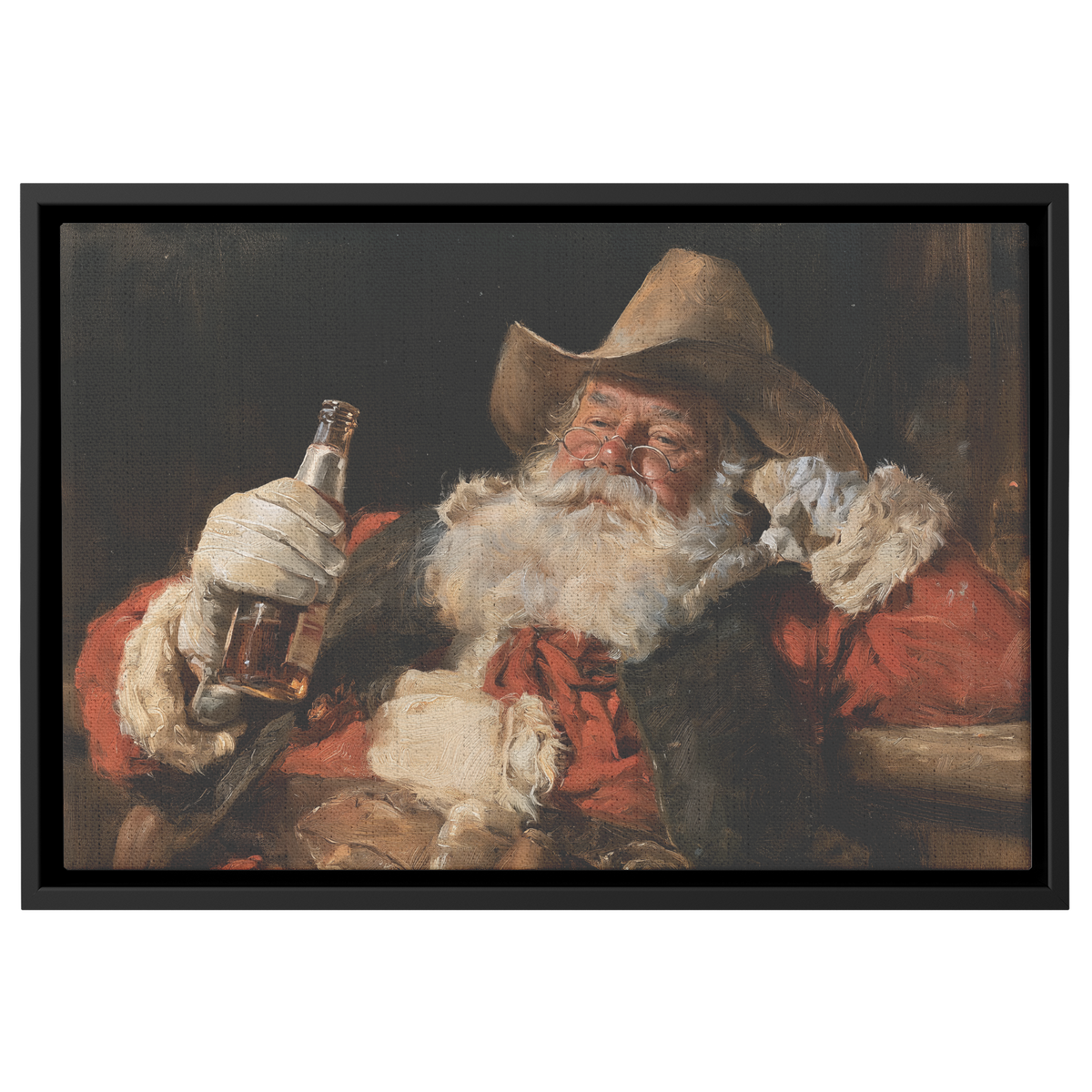 Cowboy Santa art canvas of Santa settled back in the lamplight with a bottle in hand