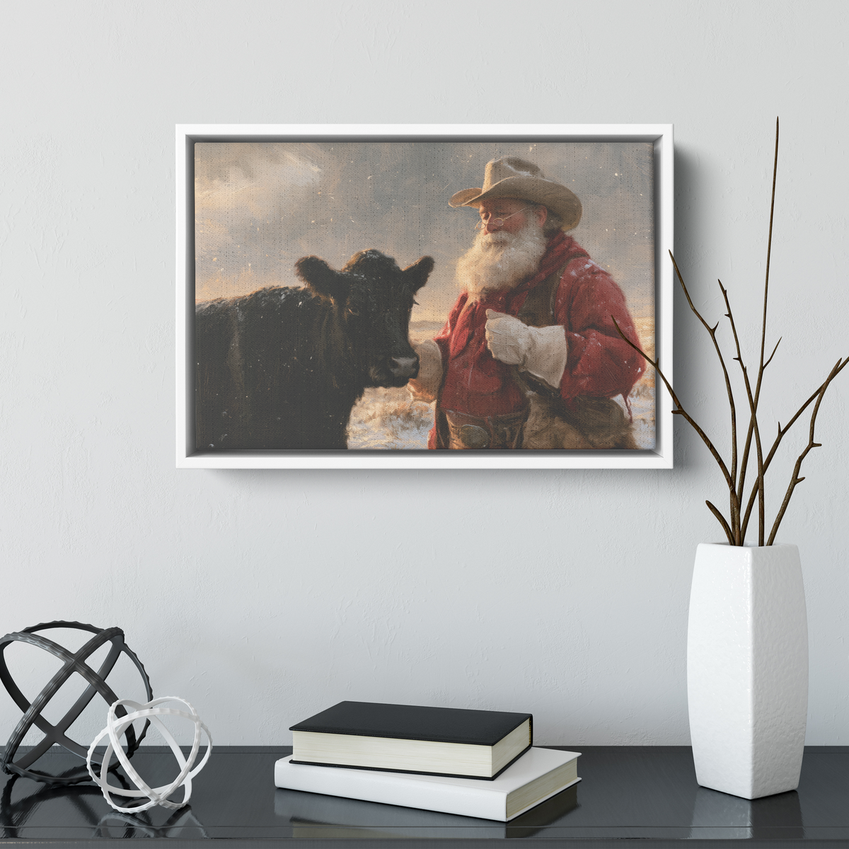 Cowboy Santa and cattle canvas at a smaller size in a styled room