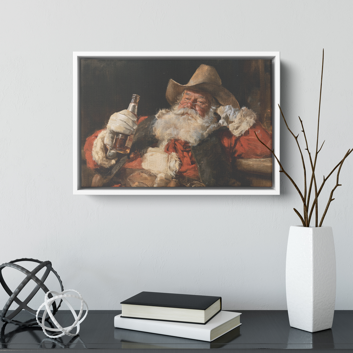 Western Santa bar canvas shown at a smaller size on a wall
