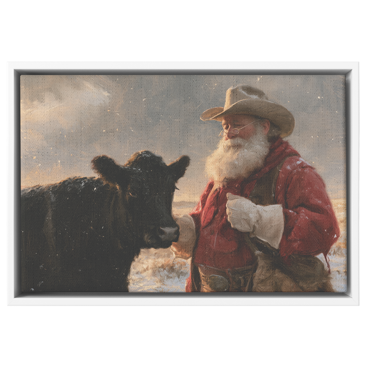 Western Santa in the snow canvas shown in the white frame option