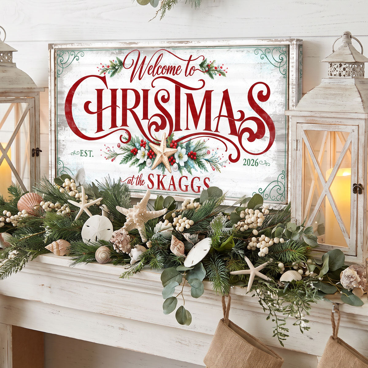 Coastal Christmas welcome sign with white lanterns, sand dollars and shells on a shiplap wall