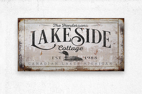 Lake House Cabin Decor, Large Canvas Sign of Loon on the water with trees in background, with the words: the {family Name} Lakeside Cottage, est, date, city and state.