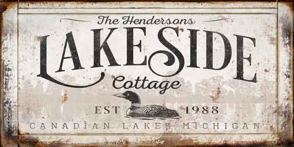 Lake Cabin Decor, Large Canvas Sign of Loon on the water with trees in background, with the words: the {family Name} Lakeside Cottage, est, date, city and state.