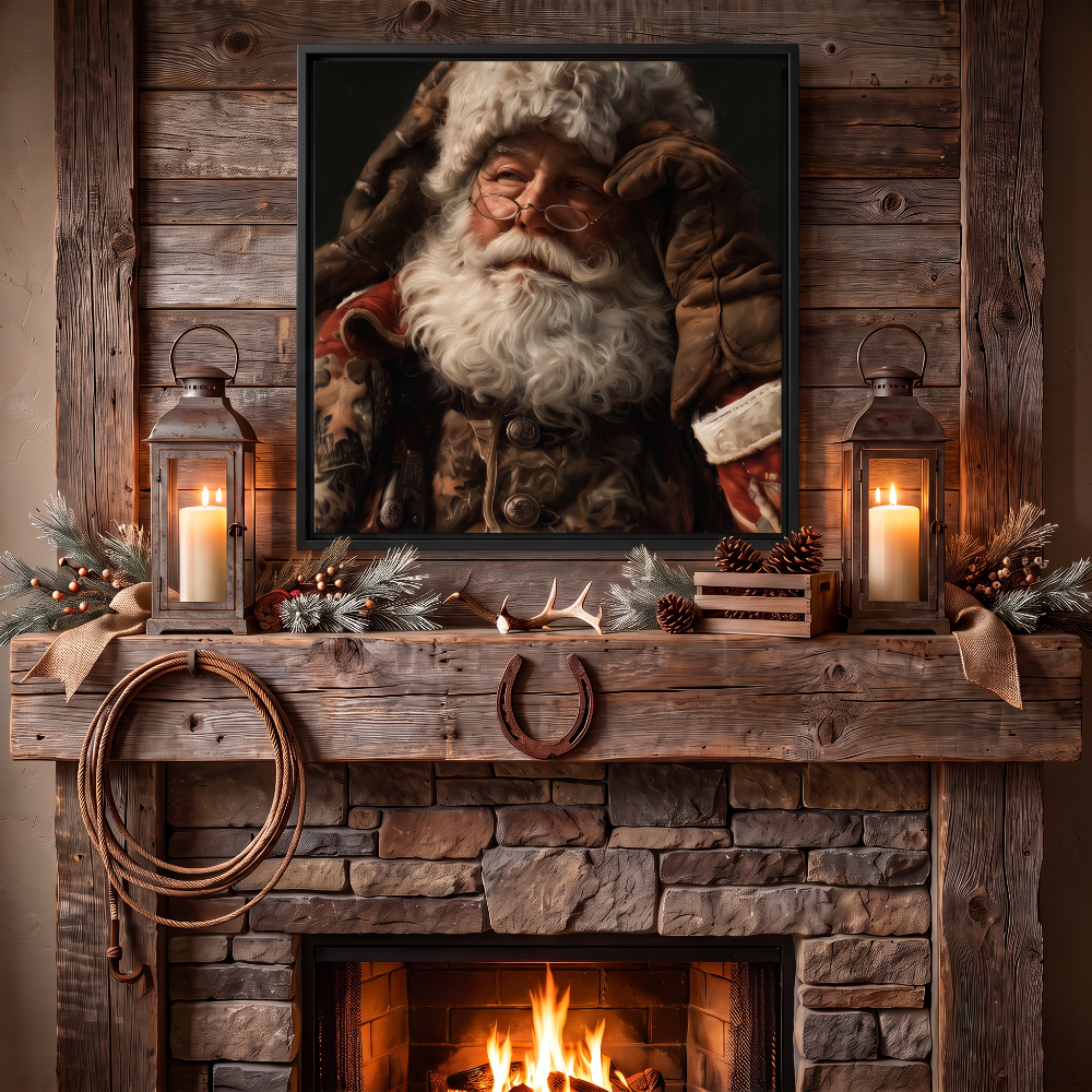 Camo Santa art in a black frame on a reclaimed wood mantel above a lit stone fireplace, with candle lanterns, a horseshoe and a coiled lariat